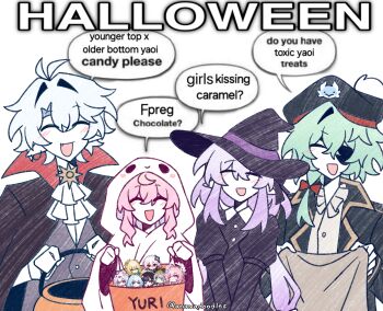 2boys 2girls :d ^_^ absurdres aglaea_(honkai:_star_rail) anaxa_(honkai:_star_rail) anaxa_doodles artist_name ascot black_cape black_dress black_hat blush bucket cape castorice_(honkai:_star_rail) cerydra_(honkai:_star_rail) cipher_(honkai:_star_rail) closed_eyes commentary cyrene_(honkai:_star_rail) dress english_commentary english_text evernight_(honkai:_star_rail) eyepatch fang ghost_costume green_eyes grey_vest hair_between_eyes hair_intakes hair_over_shoulder halloween halloween_bucket halloween_costume hat highres holding holding_bucket honkai:_star_rail honkai_(series) hyacine_(honkai:_star_rail) hysilens_(honkai:_star_rail) long_hair long_sleeves low_ponytail march_7th_(honkai:_star_rail) meme multiple_boys multiple_girls official_art_inset open_mouth phainon_(honkai:_star_rail) pink_hair pirate pirate_costume pirate_hat pointy_ears ponytail puffy_short_sleeves puffy_sleeves short_hair short_sleeves simple_background smile speech_bubble trick-or-treating twitter_username vampire_costume vest white_ascot white_background white_hair witch witch_hat