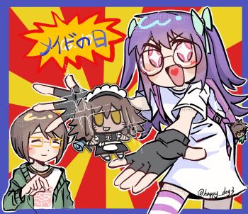 1boy 2girls black_gloves blush closed_eyes fingerless_gloves glasses gloves green_ribbon green_shirt hair_ribbon heart heart_in_mouth megaphone minamimoto_sho misaki_shiki multiple_girls open_mouth purple_hair rectangular_eyewear ribbon round_eyewear shin_subarashiki_kono_sekai shirt smile sparkling_eyes striped_clothes striped_thighhighs stuffed_toy subarashiki_kono_sekai thighhighs twintails usui_nagi white_shirt