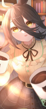 1girl absurdres ahoge animal_ears belt black_belt black_hair black_ribbon black_skirt blush book bookshelf breasts casual coffee coffee_mug commentary_request cup ear_tag earrings frilled_shirt frills hair_between_eyes highres holding holding_cup horse_ears horse_girl horse_tail jewelry kurumiya_(krmy_p) long_bangs long_hair long_hair_between_eyes long_sleeves looking_at_viewer manhattan_cafe_(casual)_(umamusume) manhattan_cafe_(umamusume) mug multicolored_hair neck_ribbon open_mouth ribbon shirt single_earring skirt smile solo tail umamusume very_long_hair white_hair yellow_eyes yellow_shirt