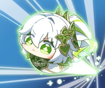 1girl arikuigames1105 chibi commentary_request cross-shaped_pupils dress flying genshin_impact green_eyes green_hair hair_ornament highres leaf_hair_ornament long_hair multicolored_hair nahida_(genshin_impact) side_ponytail solo symbol-shaped_pupils white_hair