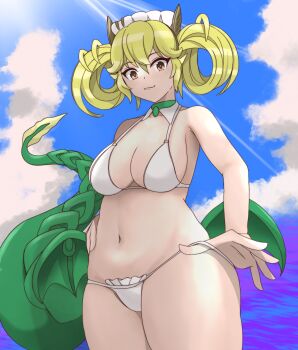 1girl absurdres beach bikini bikini_bottom_pull blonde_hair breasts cleavage hand_on_own_hip highres large_breasts legs looking_at_viewer navel ocean orange_eyes parlor_dragonmaid pulling_own_clothes smile solo swimsuit teasing thick_thighs thighs thong_bikini twintails water white_bikini yu-gi-oh!