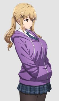 1girl bang_dream! black_pantyhose blue_necktie blue_skirt breasts brown_eyes brown_hair commentary cowboy_shot diagonal-striped_clothes diagonal-striped_necktie grey_background hair_ornament hands_in_pockets highres hood hood_down hooded_jacket ichigaya_arisa jacket large_breasts long_hair necktie noshimurin official_alternate_costume pantyhose pleated_skirt purple_jacket shirt sidelocks simple_background skirt solo striped_clothes twintails white_shirt x_hair_ornament