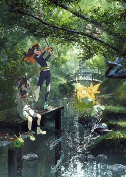 1boy 2girls absurdres alternate_color armband barboach bare_shoulders beak bird black_armband black_hair blue_gakuran blue_hair blue_jacket blue_shirt bob_cut breasts bridge brother_and_sister brown_eyes bug butterfly_net camera carmine_(pokemon) clenched_teeth closed_eyes closed_mouth collared_shirt colored_inner_hair crop_top crossed_bangs denim dock dragonfly dragonfly_wings fanny_pack fish fishing fishing_rod gen_1_pokemon gen_2_pokemon gen_3_pokemon gen_4_pokemon gloves gradient_hair grass grey_shirt grey_sports_bra hair_between_eyes hairband hand_net highres holding holding_butterfly_net holding_camera holding_fishing_rod insect insect_wings jacket jeans kieran_(pokemon) long_hair long_sleeves magikarp midriff mole mole_under_eye multicolored_hair multiple_girls navel necktie net nintendo off-shoulder_shirt off_shoulder open_mouth outdoors pants perrin_(pokemon) photographer pokemon pokemon_sv purple_hair red_gloves red_hair red_necktie ribbed_shirt river riverbank rock seedot shiny_pokemon shirt short_hair shorts siblings single_glove sleeveless sleeveless_shirt sports_bra starly sweatdrop taking_picture teeth tree two-tone_hair undershirt utkw_n water white_jacket white_shorts wings yanma yellow_bag yellow_eyes yellow_hairband