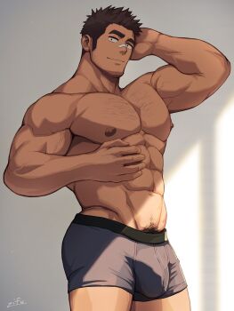 1boy abs arms_behind_head artist_name ass bandaid bandaid_on_face bandaid_on_nose bara biceps brown_hair bulge facial_hair feet_out_of_frame hairy highres large_pectorals light looking_at_viewer male_focus male_underwear manly mature_male muscular muscular_arms muscular_male nipples no_pants original pectorals pubic_hair short_hair signature smile solo spiked_hair stubble thick_eyebrows topless_male underwear veins zifu