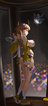 1girl absurdres anis_(nikke) ass breasts brown_hair brown_shoes brown_shorts butterfly_wings commentary_request fake_wings from_behind goddess_of_victory:_nikke hair_ornament highres holding holding_microphone idol_clothes insect_wings korean_commentary large_breasts microphone official_alternate_costume official_alternate_design plump praise3967 shoes short_shorts shorts smile solo wings yellow_eyes