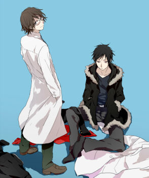 2boys belt black_hair blue_background blue_eyes brown_eyes brown_hair coat durarara!! from_behind fur_trim glasses hand_in_pocket hands_in_pockets jacket kishitani_shinra lab_coat looking_at_viewer looking_back male_focus multiple_boys orihara_izaya red_eyes scarf simple_background sitting sketch smile urahara