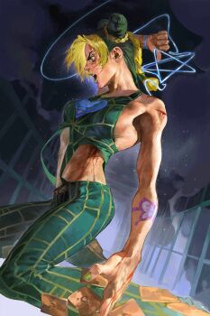 1girl arm_tattoo arm_up birthmark blonde_hair blood blood_on_face blood_on_hands braid braided_bun braided_ponytail breasts butterfly_tattoo cuts double_bun fence green_eyes green_hair green_lips green_nails green_pants hair_bun halterneck hand_up heart_ornament highres injury joestar_birthmark jojo_no_kimyou_na_bouken kneeling kuujou_jolyne midriff multicolored_hair non-web_source official_art open_mouth pants path_to_nowhere small_breasts solo spider_web_print star_(symbol) stone_ocean string tattoo toned tudou_estor two-tone_hair