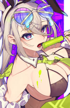1girl animal_ears bare_shoulders black_one-piece_swimsuit border bow breasts detached_collar eyewear_on_head fake_animal_ears fate/grand_order fate_(series) food from_above gerokizoku grey_hair hair_between_eyes hair_bow huyan_zhuo_(fate) huyan_zhuo_(swimsuit_berserker)_(fate) large_breasts long_hair looking_at_viewer lower_teeth_only melting_popsicle necktie one-piece_swimsuit popsicle purple_eyes solo sunglasses swimsuit teeth white_border
