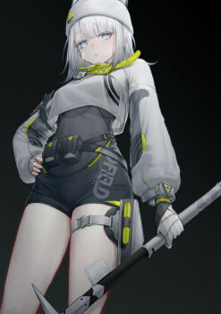1girl absurdres arknights arknights:_endfield bike_shorts black_shirt blue_eyes cropped_jacket estella_(arknights) fingerless_gloves from_below gloves grey_hair highres lin_jingling long_hair long_sleeves looking_at_viewer open_mouth shirt shorts solo thigh_strap white_gloves
