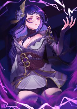 1girl artist_name blue_pupils blunt_bangs blush braid breasts bridal_gauntlets cleavage clothing_cutout commentary electricity english_commentary fan_hair_ornament flower_ornament genshin_impact glowing glowing_eyes glowing_pupils gradient_hair hair_ornament highres japanese_clothes kaze_(kazelina) kimono large_breasts lingerie long_braid long_hair looking_to_the_side mitsudomoe_(shape) multicolored_hair neck_ribbon no_mole off_shoulder parted_lips purple_background purple_eyes purple_hair purple_kimono raiden_shogun red_lips red_ribbon red_sash ribbon sash shade shoulder_cutout single_braid solo standing streaked_hair thighs tomoe_(symbol) underwear upper_body