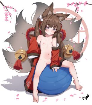 1girl absurdres amagi-chan_(azur_lane) animal_ears azur_lane ball barefoot boppin brown_hair fox_ears fox_girl fox_tail highres japanese_clothes kimono kitsune loli long_hair looking_at_viewer multiple_tails navel nipples pussy sitting solo tail twintails