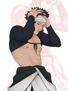 Rule 34 | 1boy, abs, detached sleeves, hand on own head, hands in own hair, headband, highres, kankuroplease, lips, looking down, low-tied sidelocks, male focus, naruto (series), naruto shippuuden, ootsutsuki asura, parted lips, pectorals, ribs, sidelocks, solo, toned, toned male, tumblr username, upper body, white headband