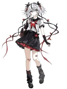 Rule 34 | 1girl, bag, belt, black belt, black gloves, black hair, black leg warmers, black sailor collar, black shoes, black skirt, camellya (wuthering waves), closed mouth, fingerless gloves, full body, gloves, grey eyes, grey hair, hashtag-only commentary, highres, leg warmers, looking at viewer, multicolored hair, neckerchief, official alternate costume, qielmy, red neckerchief, sailor collar, school bag, school uniform, shirt, shoes, short sleeves, simple background, skirt, solo, standing, streaked hair, white background, white shirt, wuthering waves