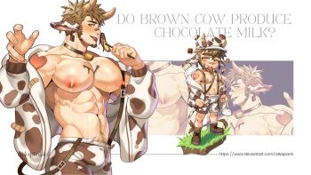 1boy abs absurdres adoptable animal_costume animal_ears animal_print arkapami bandaid bandaid_on_face bandaid_on_nose bara bare_pectorals bell blush bottle brown_hair bulge chest_hair chibi chocolate-covered_food chocolate_banana cow_boy cow_costume cow_ears cow_horns cow_print cow_tail cowbell ear_tag facial_hair feet_out_of_frame goatee highres horns jacket jacket_partially_removed knuckle_hair lactation large_pectorals licking long_sideburns looking_at_viewer looking_back male_focus male_lactation milk milk_bottle muscular muscular_male navel navel_hair nipples off_shoulder original pectorals seductive_smile short_hair sideburns smile stomach stubble tail thick_eyebrows