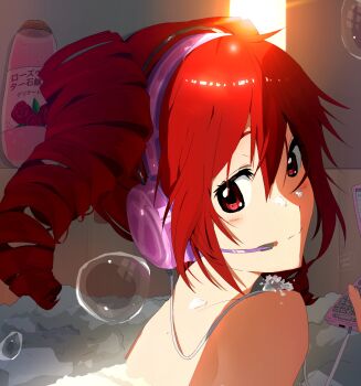 1girl bathing blush drill_hair headphones highres kasane_teto nude red_eyes red_hair sealwav shower_head soap_bottle soap_bubbles solo twin_drills utau vocaloid watermark