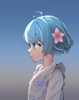 1girl absurdres antenna_hair arahashi_tabi blue_eyes blue_hair braid braided_bun commentary_request electromocha floral_print floral_print_kimono frilled_kimono frills from_side gradient_background hair_bun hair_ornament highres japanese_clothes kanzashi kimono korean_commentary long_sleeves parted_lips print_kimono profile sidelocks single_hair_bun solo stellive upper_body variant_set virtual_youtuber white_kimono