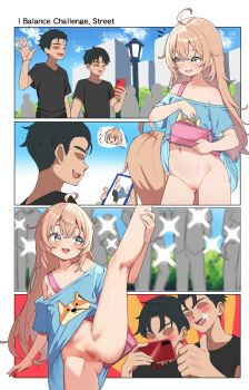 1girl 2boys ahoge animal_print black_hair blonde_hair blush bottomless camera_flash cellphone censored cleft_of_venus comic crowd day dog_print double-parted_bangs english_text exhibitionism fuyukawa_(kogimiwa64338) hair_between_eyes highres lamppost leg_lift loli messy_hair mosaic_censoring multiple_boys navel nipple_slip nipples no_bra off-shoulder_shirt off_shoulder original outdoors oversized_clothes oversized_shirt phone print_shirt public_indecency pussy road shirt smartphone street t-shirt taking_picture thumbs_up