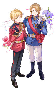 2boys absurdres aiguillette axis_powers_hetalia blonde_hair blue_eyes blue_jacket boots chinese_commentary commentary_request cubed_(houkuaid) epaulettes facial_hair flower france_(hetalia) full_body gloves goatee_stubble green_eyes high_collar highres jacket long_sleeves looking_at_viewer male_focus medium_hair military_jacket military_uniform multiple_boys one_eye_closed open_mouth pants red_jacket red_sash sash short_hair smile stubble thick_eyebrows united_kingdom_(hetalia) white_background white_sash