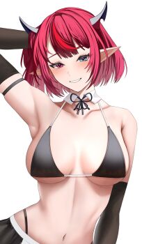 1girl absurdres bikini black_bikini black_horns blue_eyes blush bow breasts heterochromia highleg highleg_bikini highres hololive hololive_english horns irys_(hololive) large_breasts multicolored_hair pointy_ears purple_eyes purple_hair red_bow short_hair si_farid simple_background solo streaked_hair swimsuit two-tone_hair upper_body virtual_youtuber