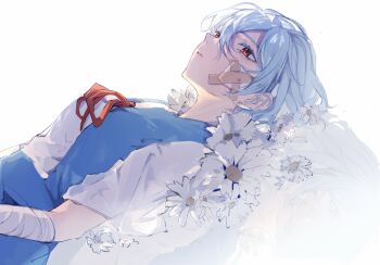 1girl ayanami_rei bandaged_arm bandages blue_hair blue_skirt blue_vest breasts chinese_commentary commentary_request flower gauze gauze_on_cheek hair_between_eyes highres lying medium_breasts neck_ribbon neon_genesis_evangelion on_back parted_lips red_eyes red_ribbon ribbon school_uniform shi_xu_jiu_zhou shirt short_hair short_sleeves skirt solo tokyo-3_middle_school_uniform upper_body vest white_background white_flower white_shirt
