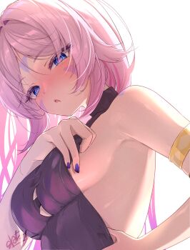 Rule 34 | 1girl, @ @, adjusting clothes, bare shoulders, blue eyes, blush, breasts, citlali (genshin impact), commentary request, facial mark, fan request, fingernails, forehead mark, genshin impact, highres, long hair, medium breasts, nail polish, netarou (netarou 25), open mouth, pink hair, pink pupils, purple nails, request inset, sideboob, signature, solo, triangle, triangle facial mark, very long hair