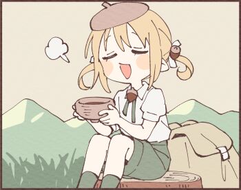 1girl :d backpack bag beret blonde_hair blush_stickers border brown_border brown_hat closed_eyes collared_shirt commentary_request cup feet_out_of_frame grass green_ribbon green_shorts green_socks grey_background hat highres holding holding_cup mountainous_horizon namori neck_ribbon open_mouth original outdoors pointy_ears puff_of_air ribbon shirt short_hair short_sleeves shorts sitting smile socks solo tree_stump unworn_backpack unworn_bag white_shirt
