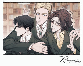 1other 2boys arm_around_shoulder ascot black_hair blonde_hair blue_eyes bolo_tie bookshelf brown_eyes closed_mouth collared_shirt english_text erwin_smith furrowed_brow glasses grey_jacket hange_zoe hashtag-only_commentary highres jacket levi_(shingeki_no_kyojin) long_hair lovewithyou_159 multiple_boys parted_bangs parted_lips ponytail shingeki_no_kyojin shirt short_hair smile suit_jacket survey_corps_(emblem) swept_bangs thick_eyebrows twitter_username upper_body v white_ascot white_shirt yellow_shirt