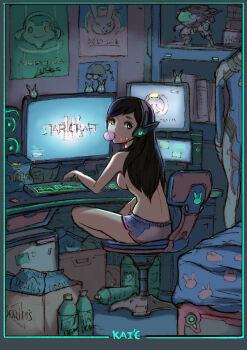 1girl absurdres artist_name backlighting bed bed_sheet bedroom black_hair blowing_bubbles bodysuit book bottle box breasts chair chewing_gum computer computer_keyboard crossed_legs d.va_(overwatch) dark desk dolphin_shorts doritos facial_mark female_focus from_behind full_body glowing green_eyes headphones highres indoors kai_e long_hair looking_at_viewer looking_back mecha mecha_pilot_suit medium_breasts messy model monitor mountain_dew office_chair otaku_room overwatch overwatch_1 playing_games poster_(object) robot shelf short_shorts shorts signature sitting sketch solo speaker starcraft swept_bangs swivel_chair topfreedom topless_female unworn_clothes whisker_markings
