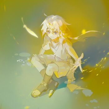 1girl brown_sandals character_request chinese_commentary closed_mouth commentary_request copyright_request dress falling_feathers feathers full_body highres purple_eyes reaching reaching_towards_viewer sandals short_sleeves sitting smile solo white_dress white_hair xixun