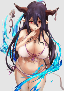absurdres bandaged_arm bandages bikini breasts colorized danua danua_(summer)_(granblue_fantasy) draph granblue_fantasy highres horns hotate-chan huge_breasts jewelry long_ears long_hair looking_at_viewer purple_hair red_eyes shortstack swimsuit tagme thumb_in_mouth white_background