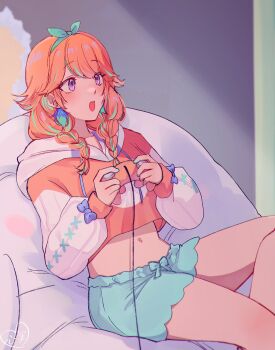 1girl aqua_bow aqua_shorts artist_logo bow braid cable commentary controller cropped_hoodie hair_bow highres holding holding_controller hololive hololive_english hood hood_down hoodie kokomi_(aniesuakkaman) logo navel open_mouth purple_eyes red_hair shorts sitting solo symbol-only_commentary takanashi_kiara twin_braids virtual_youtuber