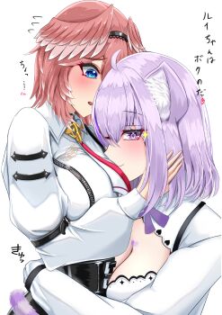 Rule 34 | 2girls, ahoge, animal ear fluff, animal ears, blue eyes, blush, breasts, cat ears, cleavage, cleavage cutout, clothing cutout, collared shirt, hair ornament, head wings, heart on chest, highres, hololive, large breasts, long sleeves, looking at viewer, medium breasts, multiple girls, necktie, nekomata okayu, nekomata okayu (wonderland), pink hair, purple eyes, purple hair, red necktie, shirt, short hair, simple background, tail, takane lui, takane lui (1st costume), uchi1048, upper body, virtual youtuber, white background, white shirt, wings, yuri