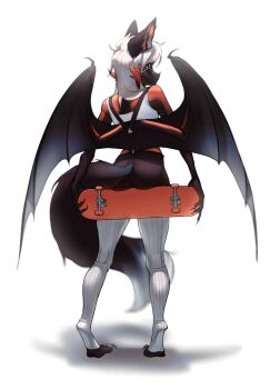 1girl animal_ears ass ass_support bare_shoulders bat_ears bat_girl bat_tail bat_wings commentary furry furry_female highres long_hair looking_at_viewer original pita-potato shirt simple_background solo standing thighhighs white_hair white_shirt white_thighhighs wings