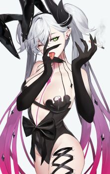 1girl absurdres animal_ear_hairband animal_ears black_hands black_leotard body_markings breasts cigarette colored_extremities cowboy_shot crossed_bangs demon_girl demon_horns ear_piercing fake_animal_ears fate/grand_order fate_(series) gradient_hair green_eyes grey_hair hair_around_horn hair_between_eyes hair_ornament hairband hand_on_own_face highleg highleg_leotard highres holding holding_cigarette horns leg_piercing leotard lilith_(fate) long_hair looking_at_viewer multicolored_hair one_eye_closed piercing pink_hair playboy_bunny pointy_ears rabbit_ears ribbon simple_background smoke smoking solo strapless strapless_leotard suu_0611yi tattoo_between_breasts tongue tongue_out tongue_piercing twintails very_long_hair white_background