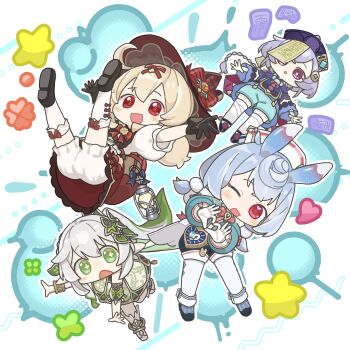 4girls :o ;d absurdres ahoge apron aqua_shirt aqua_shorts arms_up backpack bag bandaged_leg bandages bead_necklace beads black_gloves black_shoes black_shorts blonde_hair bloomers blue_bow blue_dress blue_hair blush blush_stickers bow bowtie bracelet braid braided_ponytail brooch brown_bag cape china_dress chinese_clothes clover_brooch coin_hair_ornament collared_shirt commentary cross-shaped_pupils crossed_bangs detached_sleeves dress english_commentary floating_hair frilled_skirt frilled_sleeves frills genshin_impact gloves gold_bracelet gold_trim green_cape green_eyes green_hair green_sleeves hair_between_eyes hair_bow hair_ornament hat hat_bow heart heart_hands highres jewelry jiangshi klee_(blossoming_starlight)_(genshin_impact) klee_(genshin_impact) kneehighs lantern leaf_hair_ornament long_hair long_sleeves looking_at_viewer low_twintails medium_hair multicolored_hair multiple_girls nahida_(genshin_impact) necklace nurse_cap official_alternate_costume ofuda ofuda_on_head one_eye_closed open_mouth outline pantyhose pointy_ears pom_pom_(clothes) pom_pom_hair_ornament puffy_long_sleeves puffy_short_sleeves puffy_shorts puffy_sleeves purple_cape purple_hair purple_hat qingdai_guanmao qiqi_(genshin_impact) red_bow red_bowtie red_eyes red_hat red_skirt shirt shoes short_shorts short_sleeves short_twintails shorts side_ponytail sidelocks sigewinne_(genshin_impact) single_braid skirt sleeveless sleeveless_dress smile socks star_(symbol) streaked_hair symbol-shaped_pupils ta93ura tassel thighhighs twintails underwear very_long_hair vision_(genshin_impact) white_apron white_background white_bloomers white_dress white_gloves white_hair white_hat white_outline white_pantyhose white_shirt white_socks white_thighhighs witch_hat