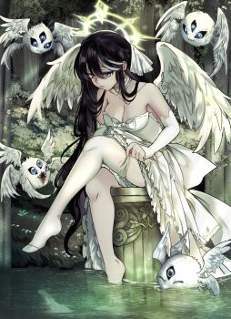1girl absurdres adjusting_clothes adjusting_legwear angel angel_wings bare_shoulders black_hair breasts choker cleavage commentary creature detached_sleeves double-parted_bangs dress elbow_gloves english_commentary feathered_wings frilled_choker frills full_body gloves grey_eyes grey_streaks hair_between_eyes halo highres knees large_breasts legs long_hair looking_down multicolored_hair no_shoes original parted_lips ryuuxin sadie_(ryuuxin) single_thighhigh sitting sleeveless sleeveless_dress soaking_feet solo strapless strapless_dress streaked_hair thighhighs water white_choker white_dress white_thighhighs wings yellow_halo