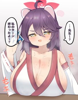 1girl ahoge alternate_hairstyle animal_ears black_hair blue_archive blush breast_rest breasts card cleavage detached_sleeves grey_background hair_between_eyes hair_down halo holding holding_card huge_breasts japanese_clothes japanese_text kaede_(blue_archive) kashiwa_to_utsuwa kimono long_hair open_mouth sleeveless sleeveless_kimono solo speech_bubble sweat table very_sweaty white_kimono wide_sleeves yellow_eyes