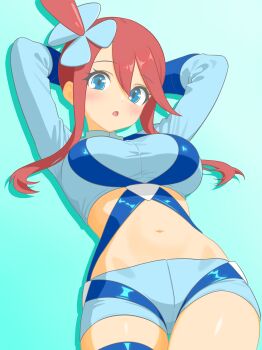 1girl :o absurdres aqua_background arms_up blue_eyes breasts crop_top highres large_breasts majikichi915 navel nintendo one_side_up pokemon pokemon_bw red_hair short_shorts shorts sidelocks simple_background skyla_(pokemon) solo stomach suspenders thigh_gap