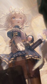 3girls ahoge animal_ear_fluff animal_ears armband brown_pantyhose drawer_bushi_huajia dress fang fantasy frilled_dress frills grey_hair hair_ribbon headband highres holding holding_suitcase long_hair looking_at_viewer looking_back multiple_girls open_mouth original pantyhose purple_hair ribbon short_twintails smile standing suitcase twintails wolf_ears wolf_girl