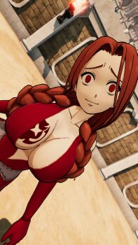 1girl 3d absurdres ass bare_shoulders braid breasts cleavage cleavage_cutout clothing_cutout dress evil_smile expressionless fairy_tail female_focus flare_corona highres large_breasts long_hair looking_at_viewer pale_skin red_dress red_eyes red_hair scar shaded_face smile solo tattoo thick_thighs thighs third-party_edit threatening twin_braids twisted_torso