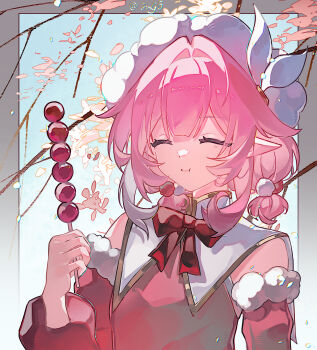 1girl absurdres alternate_costume bow bowtie breasts check_clothing chinese_commentary clothing_request commentary_request cyrene_(honkai:_star_rail) cyrene_(philia093)_(honkai:_star_rail) eating facing_viewer food headdress highres holding holding_food honkai:_star_rail honkai_(series) medium_hair pink_hair pointy_ears red_bow red_bowtie sidelocks small_breasts smile solo tanghulu upper_body zhui_ming_jin_ge