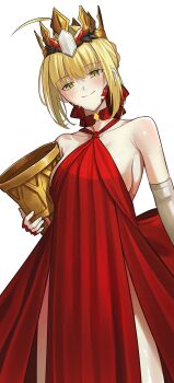 1girl absurdres ahoge bare_shoulders blonde_hair blush breasts chalice cosplay crown cup dress facial_mark fate/grand_order fate_(series) gloves green_eyes highres large_breasts longdq3008 looking_at_viewer nero_claudius_(fate) queen_draco_(fate) queen_draco_(fate)_(cosplay) queen_draco_(first_ascension)_(fate) red_dress single_glove smile solo