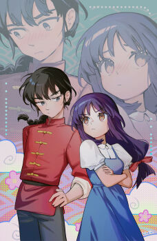1boy 1girl blue_dress blush braid braided_ponytail brown_eyes brown_hair closed_mouth cloud commentary crossed_arms dress english_commentary eye_contact hand_on_own_hip high_collar highres klaeia lone_nape_hair looking_at_another low_ponytail ponytail puffy_short_sleeves puffy_sleeves purple_hair ranma_1/2 saotome_ranma short_sleeves tendou_akane