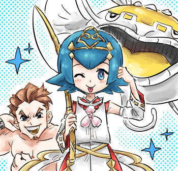 1boy 1girl alternate_color blue_eyes blue_hair brown_hair commentary_request detached_sleeves dondozo facial_hair fishing_rod goatee highres holding holding_fishing_rod kicdon lana_(new_year's_2026)_(pokemon) lana_(pokemon) looking_at_viewer nintendo official_alternate_costume one_eye_closed pokemon pokemon_(creature) pokemon_masters_ex pokemon_sm shiny_pokemon sparkle swimmer_(pokemon) tongue tongue_out v-shaped_eyebrows