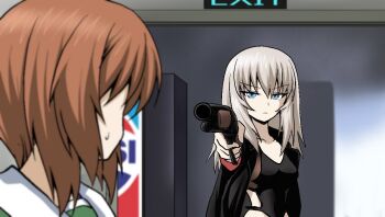 2girls black_shirt blue_eyes breasts brown_hair door girls&#039;_frontline girls_und_panzer gun holding holding_gun holding_weapon itsumi_erika kamishima_kanon long_hair m1887_(girls&#039;_frontline) multiple_girls nabatame_hitomi nishizumi_miho ooarai_school_uniform pepsi school_uniform shirt shotgun standing sweatdrop terminator_(series) terminator_2:_judgment_day voice_actor_connection weapon