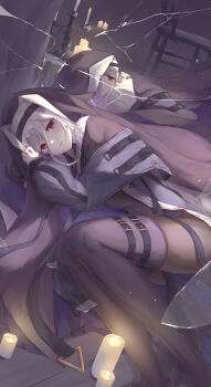 Rule 34 | absurdres, arknights, ascot, belt, belt buckle, black dress, black hat, black pantyhose, buckle, candle, candlelight, capelet, chair, coif, crack, cracked glass, dandandan668, different reflection, dress, fetal position, glass shards, grey ascot, grey capelet, grey hair, hair between eyes, hat, highres, long sleeves, looking at viewer, mirror, nun, on floor, open mouth, pantyhose, purple nails, red eyes, reflection, specter (arknights), strap, thighhighs, thighhighs over pantyhose, thighs, two-sided fabric, two-sided headwear, wooden floor