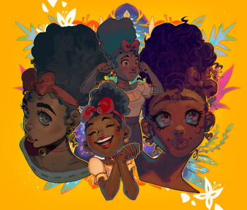 Rule 34 | 1girl, black hair, breasts, brown eyes, choker, cinnabarbie, commentary, dark-skinned female, dark skin, dolores madrigal, dress, earrings, encanto, hairband, heart, heart earrings, highres, jewelry, open mouth, own hands clasped, own hands together, puffy short sleeves, puffy sleeves, red hairband, red lips, short sleeves, small breasts, smile, very dark skin