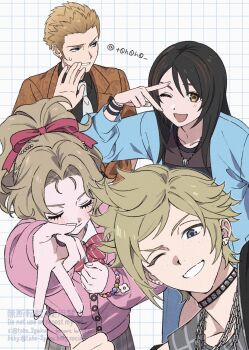 2boys 2girls :d balflear balthier balthier_(fashionable_and_free) black_hair blonde_hair blue_coat blue_eyes blush bracelet brown_eyes brown_hair brown_jacket cardigan coat commentary_request dissidia_duellum_final_fantasy dissidia_final_fantasy embarrassed final_fantasy final_fantasy_vi final_fantasy_viii final_fantasy_xii final_fantasy_xv grid_background grin gyaru_v hair_ribbon highres jacket jewelry long_hair multiple_boys multiple_girls necklace one_eye_closed open_mouth pink_cardigan pink_ribbon ponytail prompto_argentum prompto_argentum_(friendly_photographer) ribbon rinoa_heartilly rinoa_heartilly_(student_sorceress) short_hair sidelocks smile studded_choker sweatdrop t0h0h0 terra_branford terra_branford_(school_cardigan) thumbs_up tina_branford twitter_username v v_over_eye watermark