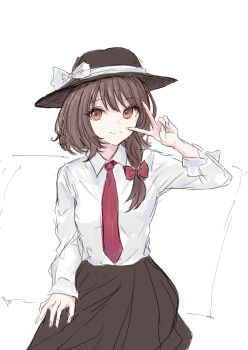 1girl black_hat black_skirt bow brown_hair chair collar hair_between_eyes hair_bow hand_on_own_thigh happy hat hat_bow highres kashiwada_kiiho long_sleeves necktie red_bow red_eyes shirt short_hair sitting skirt sleeve_cuffs smile solo touhou usami_renko v white_bow white_collar white_shirt