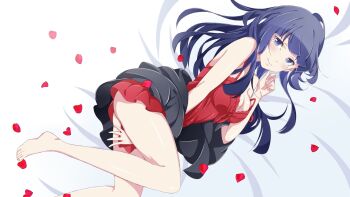 1girl absurdres ass barefoot bed_sheet blue_eyes blue_hair breasts cleavage feet hair_between_eyes henkei_shoujo highres itsuki_(henkei_shoujo) legs official_art petals skirt smile solo thighs